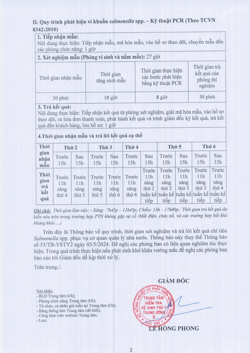 Thông báo về quy trình, thời gian xét nghiệm và trả lời kết quả Salmonella